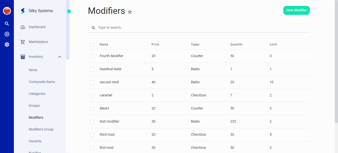 Modifiers List Screen